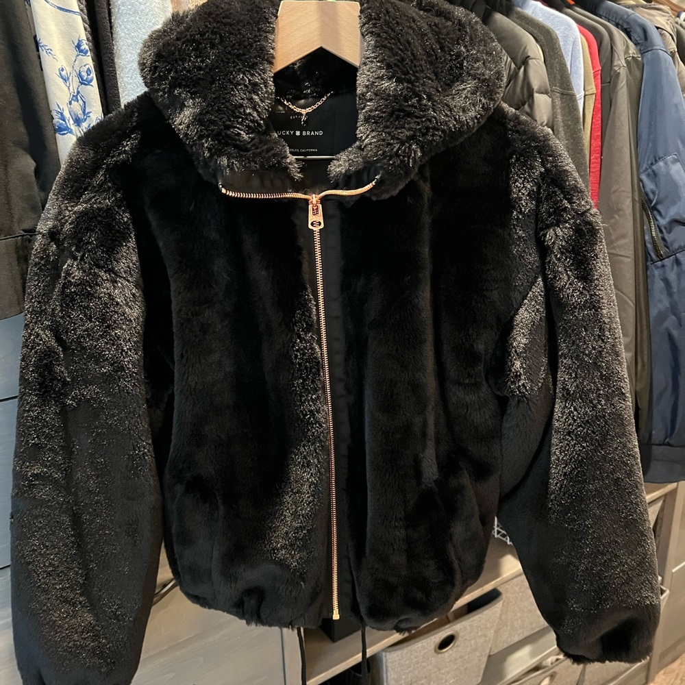 Lucky Brand Faux Fur Hooded Jacket Rose Gold Zip Up